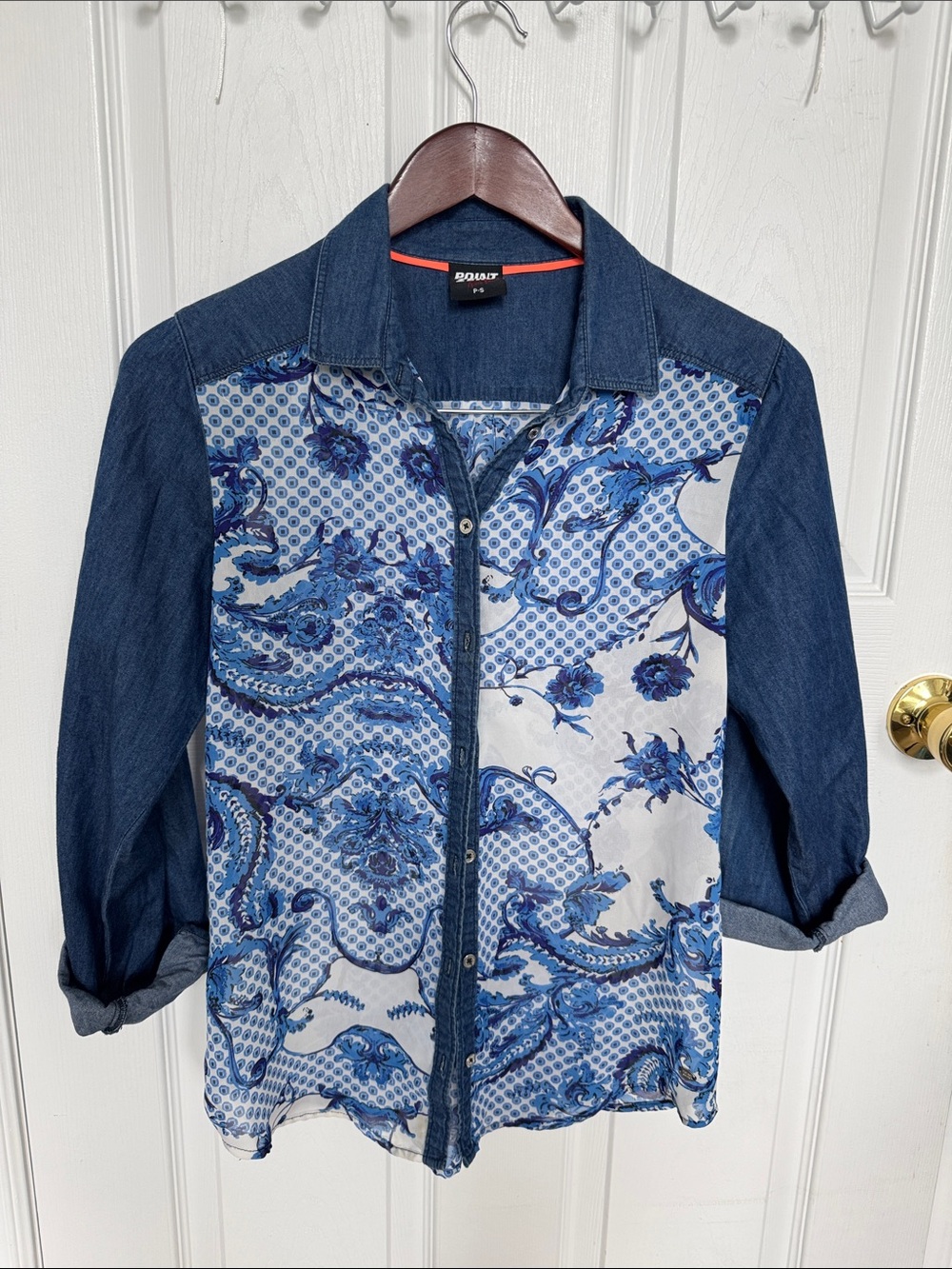 Point Zero Blue Mixed-Print Sheer/ Denim-Back Shirt